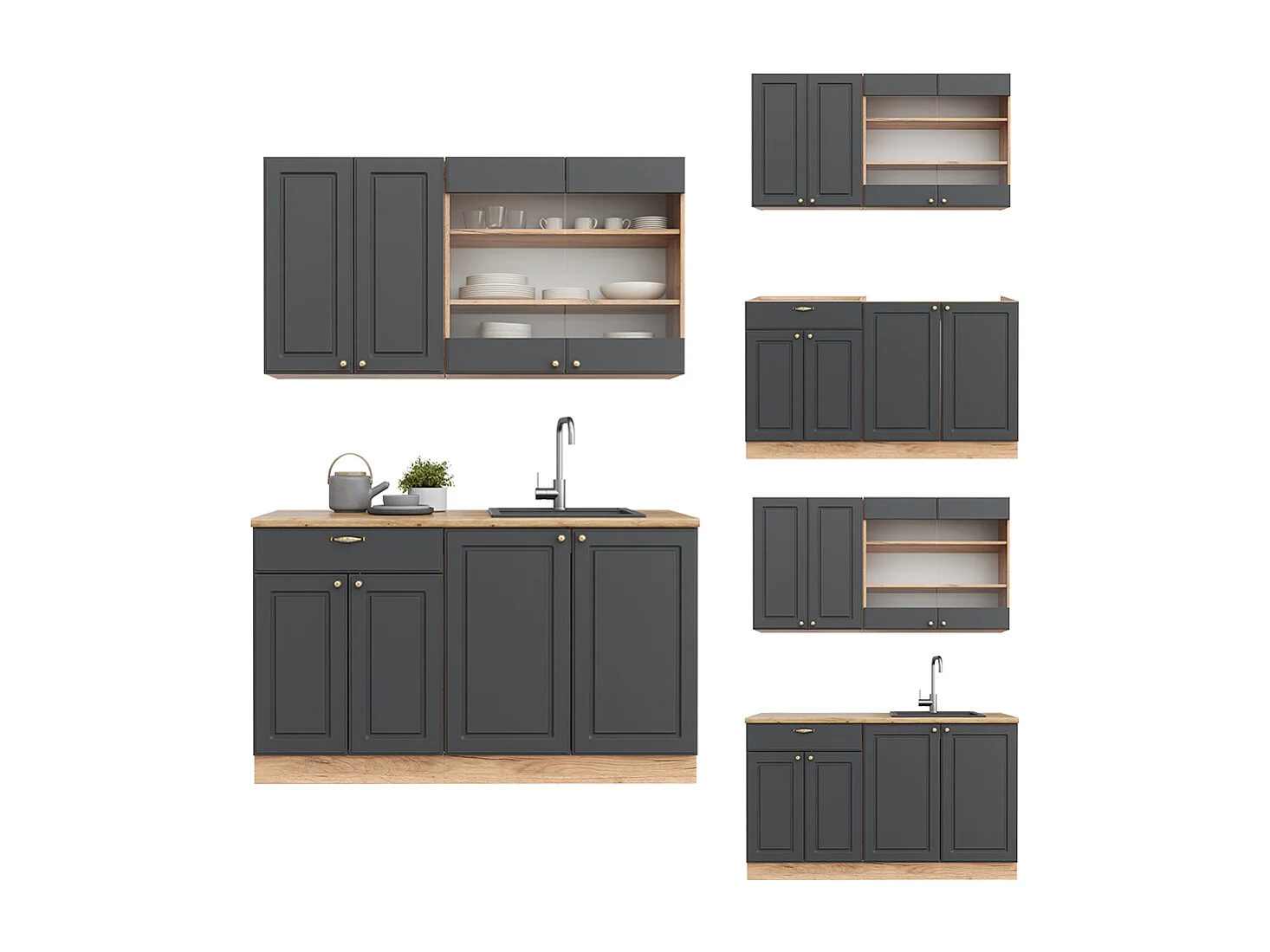Singlekøkken antracit country house/guld kraft eg 140x60x81.6 fame-line