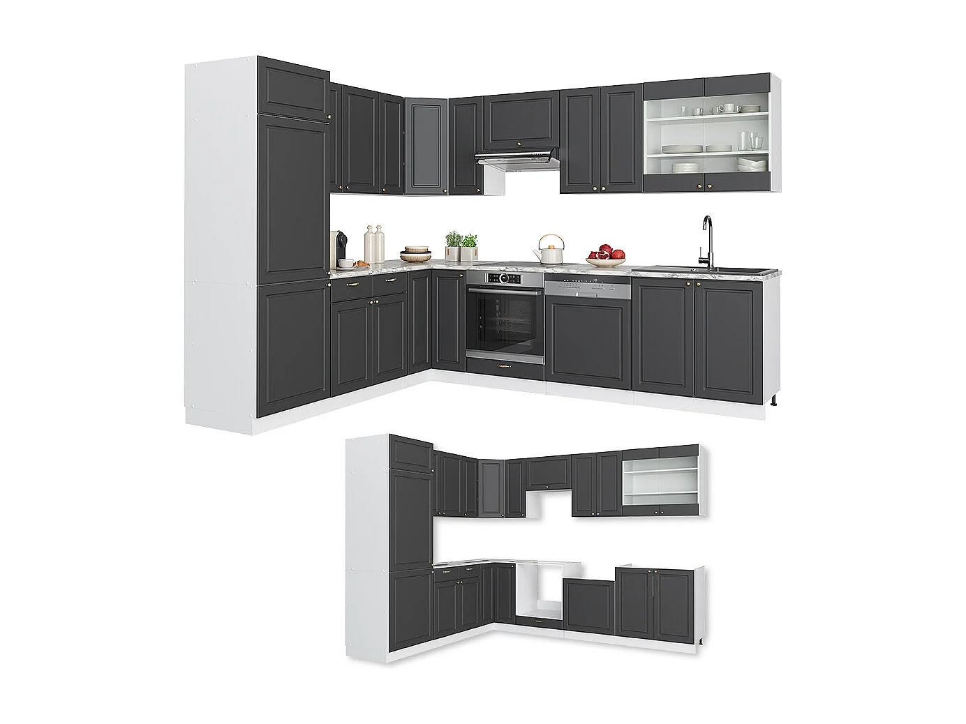 Cucina angolare completa antracite-oro/bianco 287x46x81.6 fame-line
