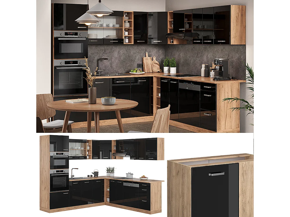 Cuisine en angle noir haute brillance/chêne de force doré 247x60x81.6 r-line