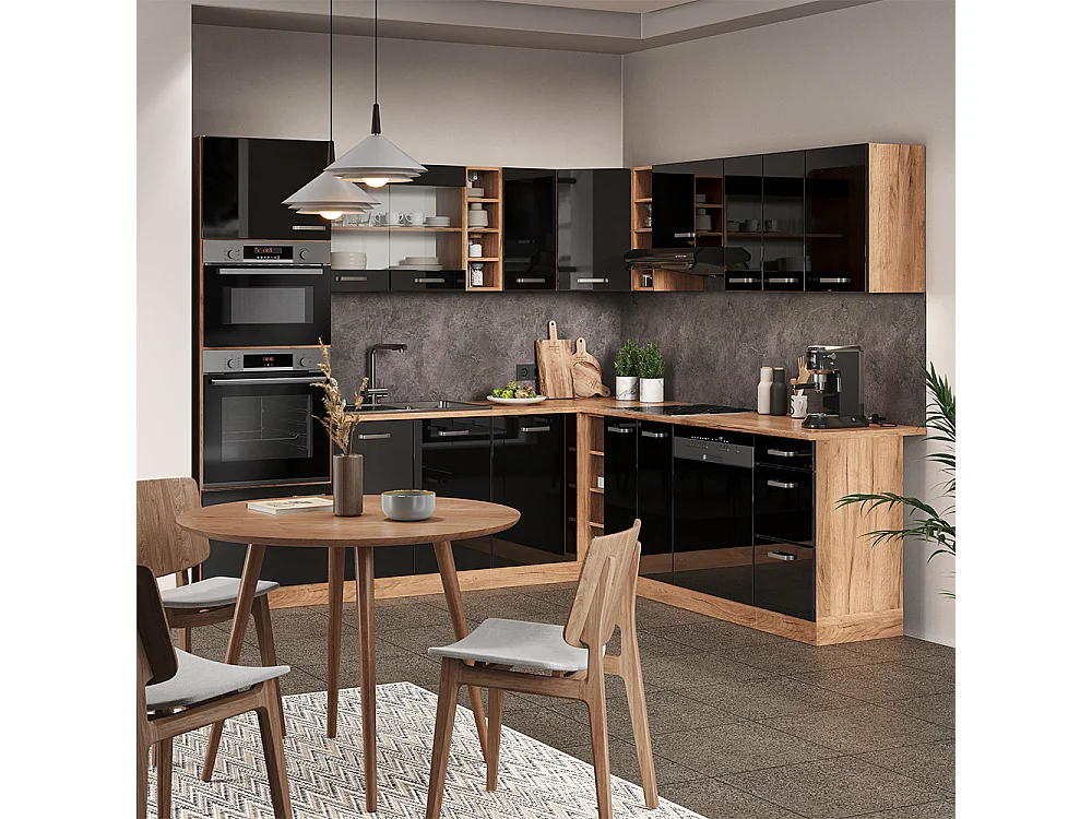 Cuisine en angle noir haute brillance/chêne de force doré 247x60x81.6 r-line