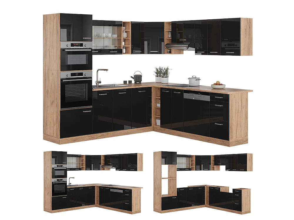 Cuisine en angle noir haute brillance/chêne de force doré 247x60x81.6 r-line