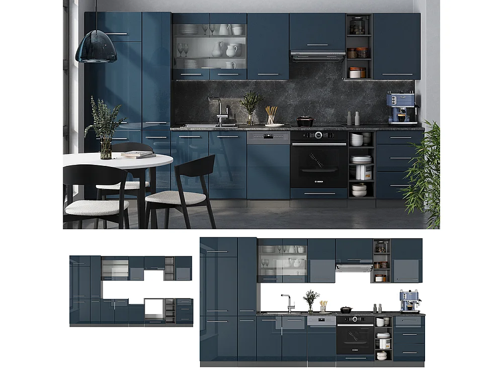 Mueble de cocina azul oscuro alto brillo/antracita 355x60x81.6 fame-line