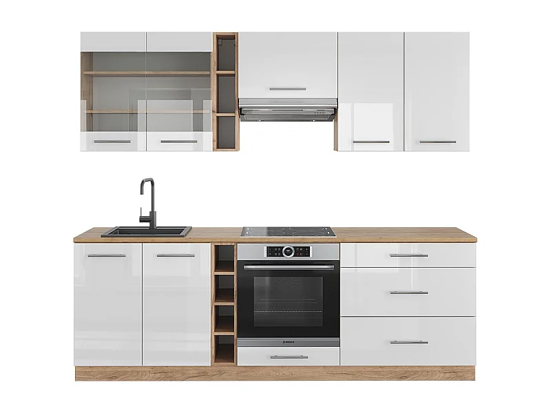 Mueble de cocina blanco brillo intenso/roble dorado 235x60x81.6 fame-line
