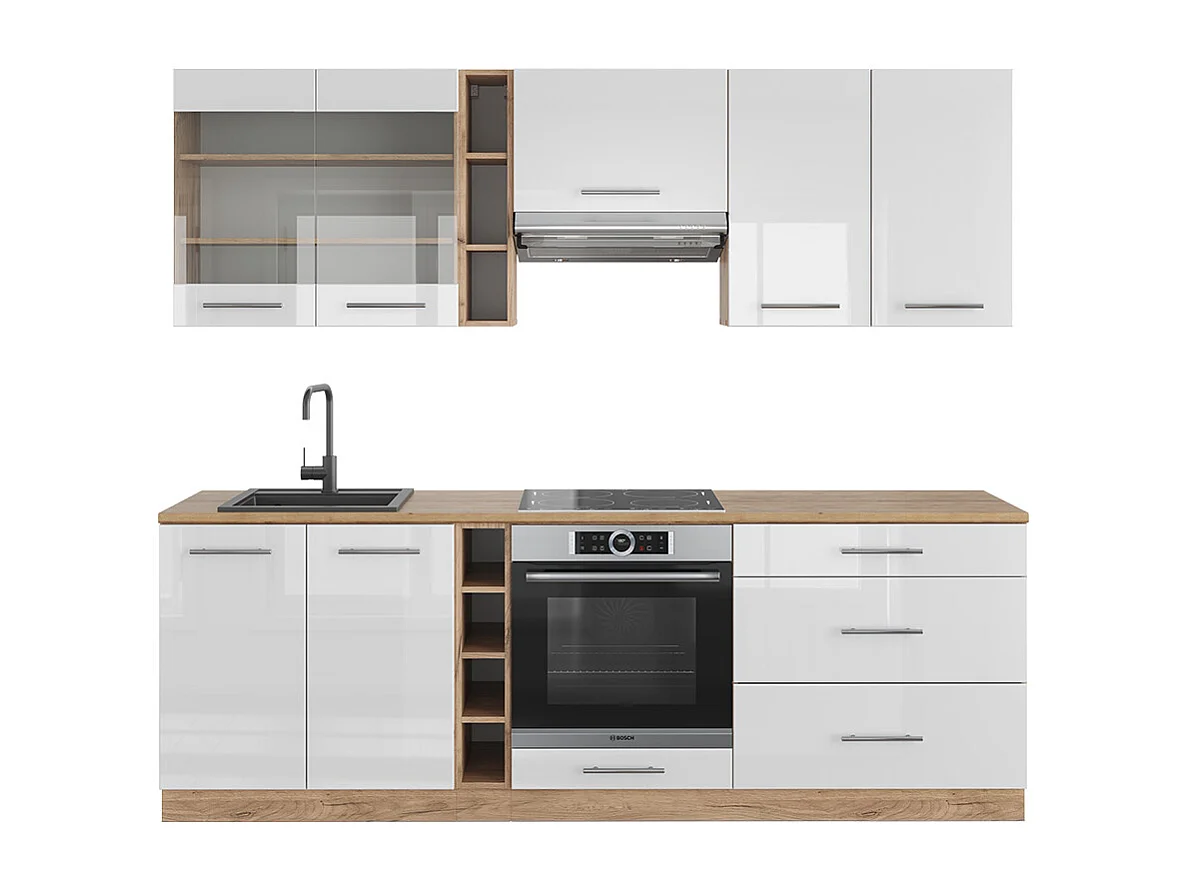 Mueble de cocina blanco brillo intenso/roble dorado 235x60x81.6 fame-line