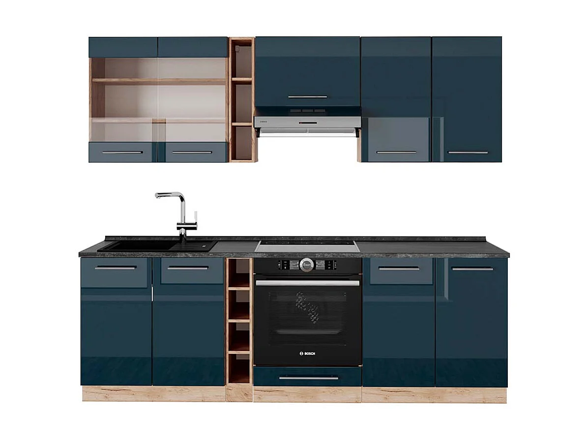 Køkkenrække mørkeblå højglans/gylden eg 235x60x81.6 fame-line