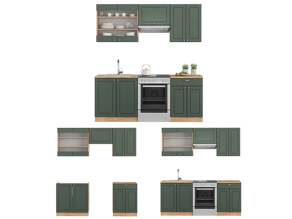 Køkkenrække grøn-guld country/guld power eg 200x60x81.6 fame-line