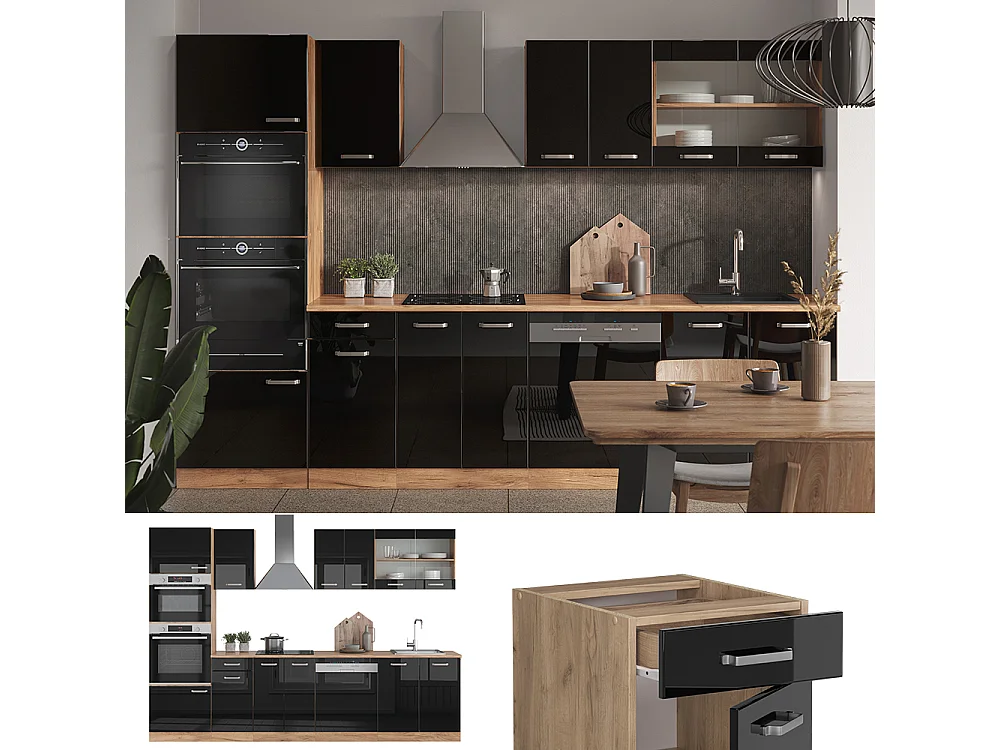 Aneks kuchenny czarny/złoty dąb o wysokim połysku 300x60x81.6 r-line