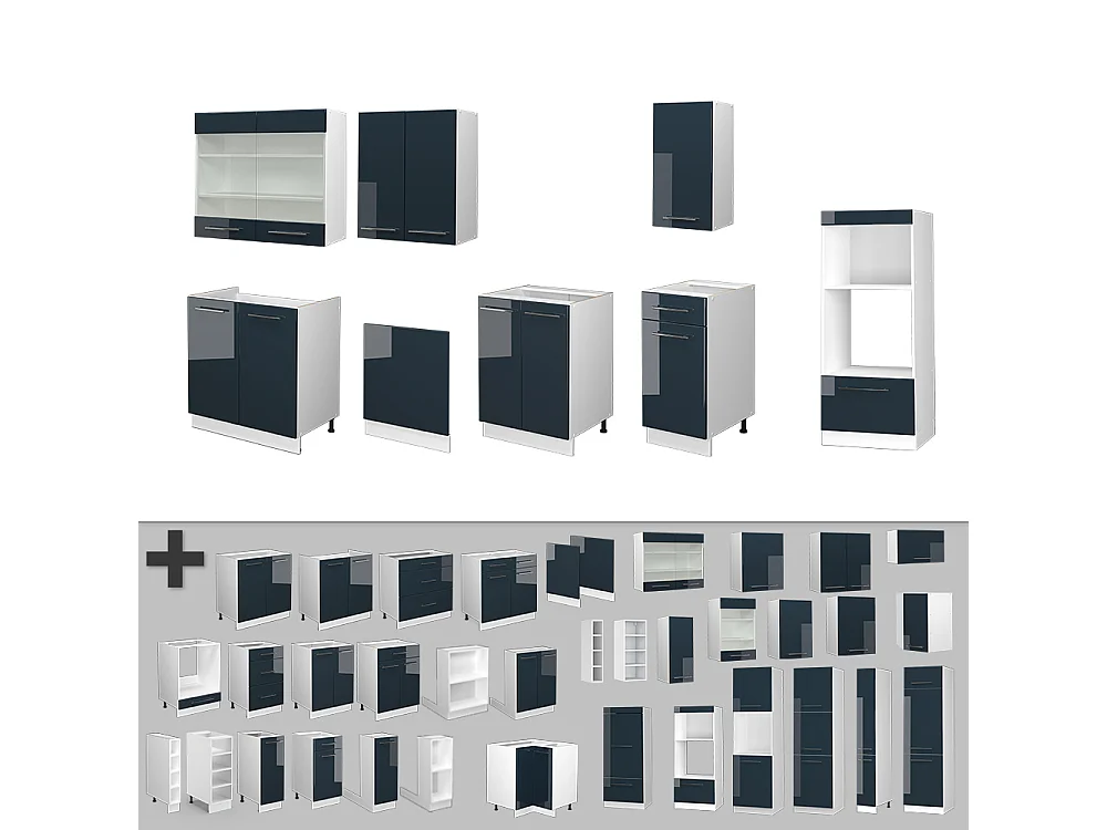 Mueble de cocina azul oscuro alto brillo/blanco 300x60x81.6 fame-line