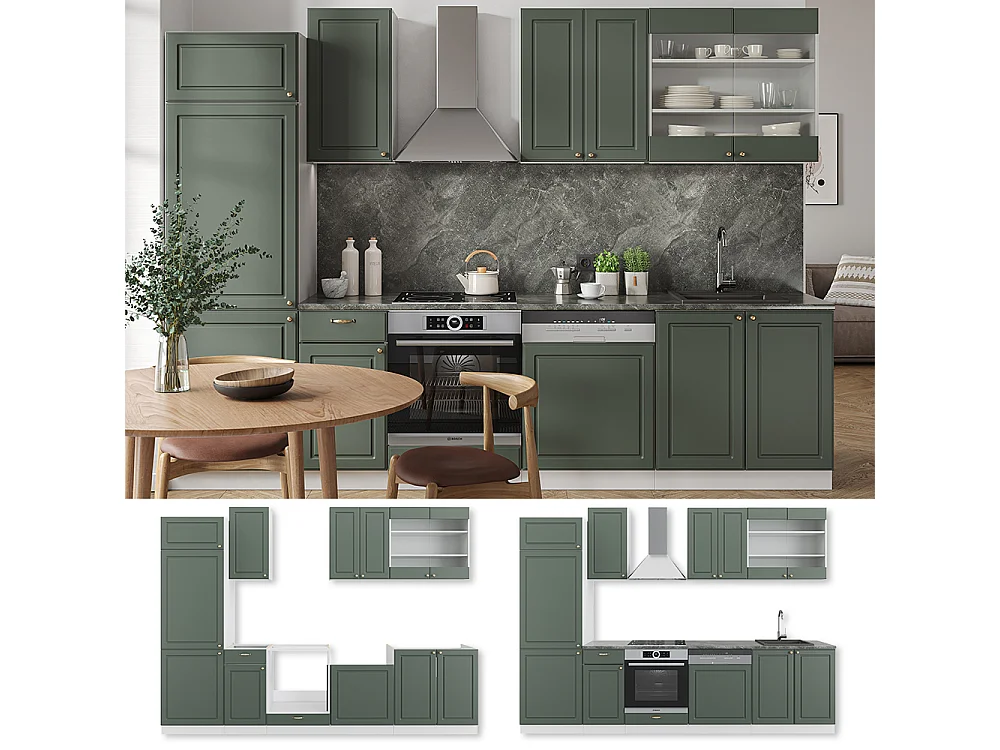 Mueble de cocina verde-dorado casa de campo/blanco 300x60x81.6 fame-line