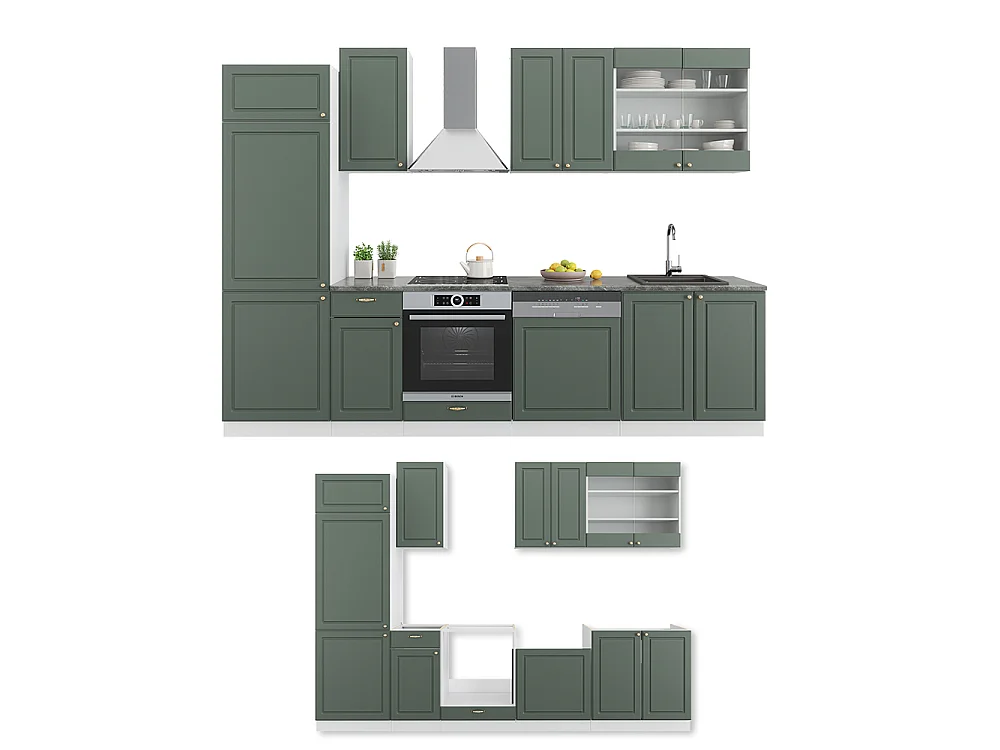 Complete keukeneenheid groen-goud landhuis/wit 300x60x81.6 fame-line