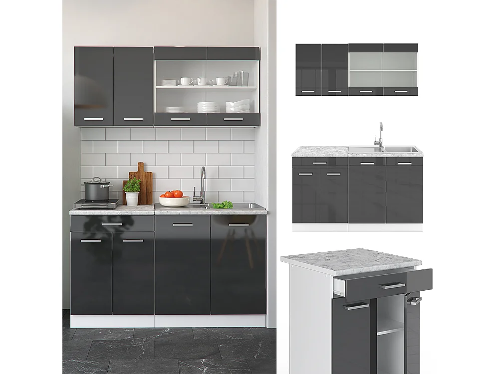 Cuisine anthracite brillant/blanc 140x60x81.6 r-line