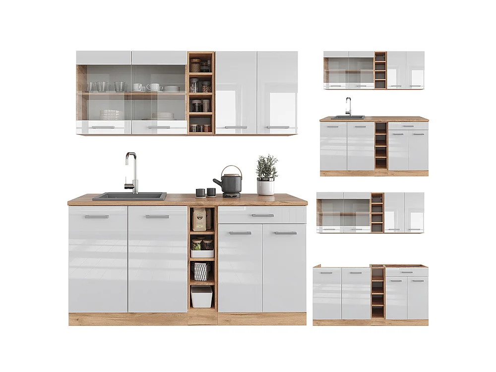 Cuisine blanc brillant/chêne doré 160x60x81.6 r-line