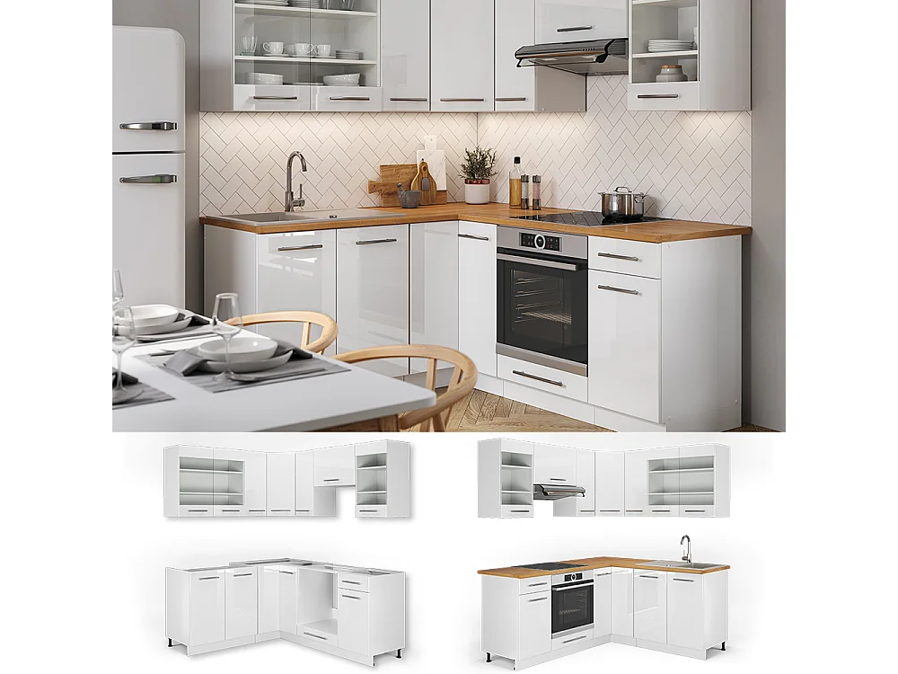 Cuisine en angle blanc brillant/blanc 190x60x81.6 fame-line