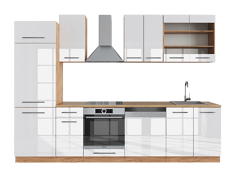 Mueble de cocina blanco brillo intenso/roble dorado 300x46x81.6 fame-line