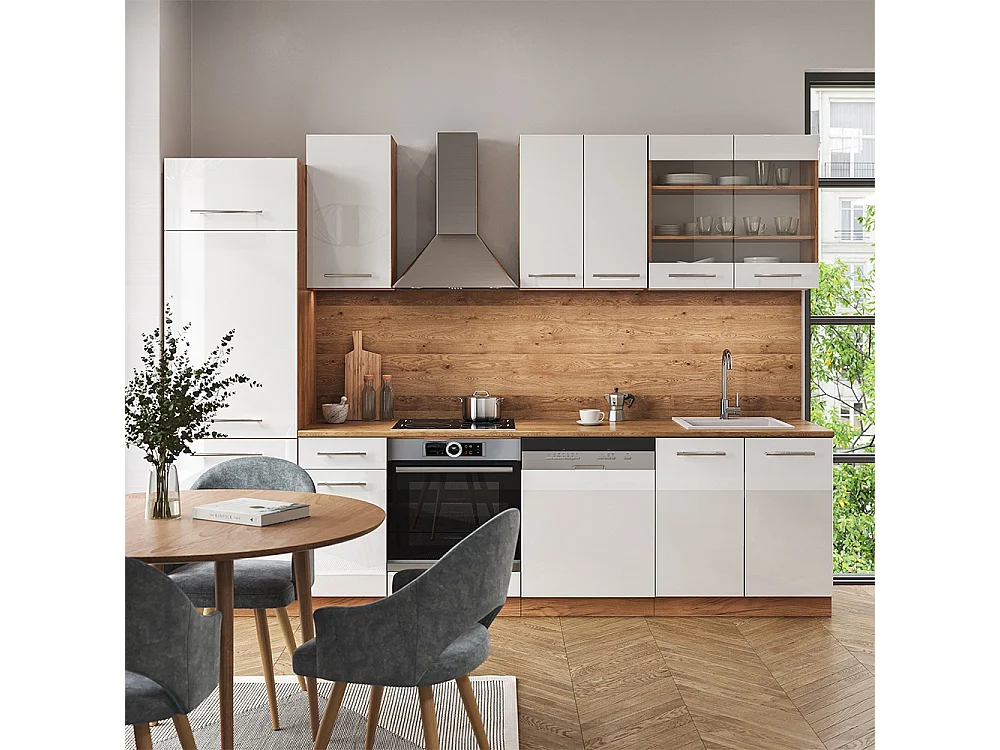 Mueble de cocina blanco brillo intenso/roble dorado 300x46x81.6 fame-line