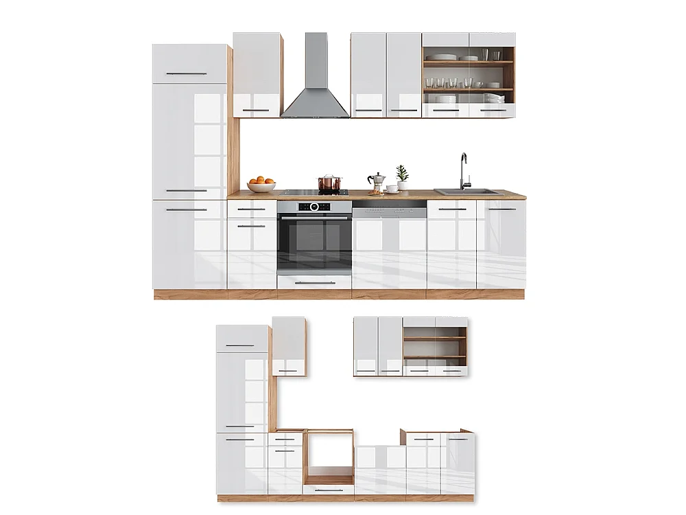 Mueble de cocina blanco brillo intenso/roble dorado 300x46x81.6 fame-line
