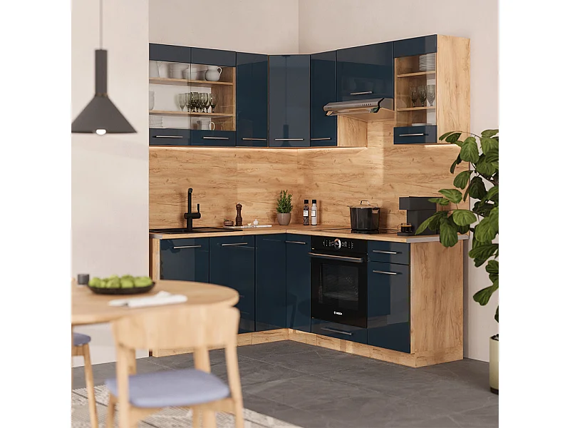 Armarios de cocina  azul oscuro alto brillo/roble dorado 190x60x81.6 fame-line