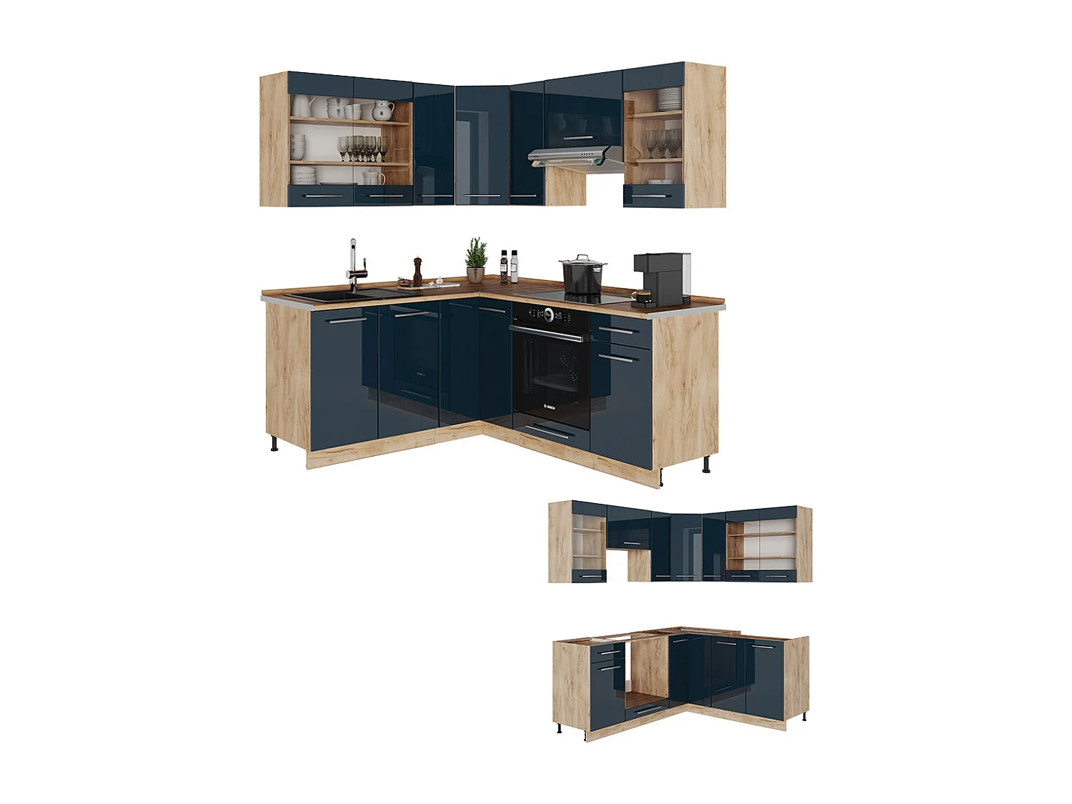 Armarios de cocina  azul oscuro alto brillo/roble dorado 190x60x81.6 fame-line