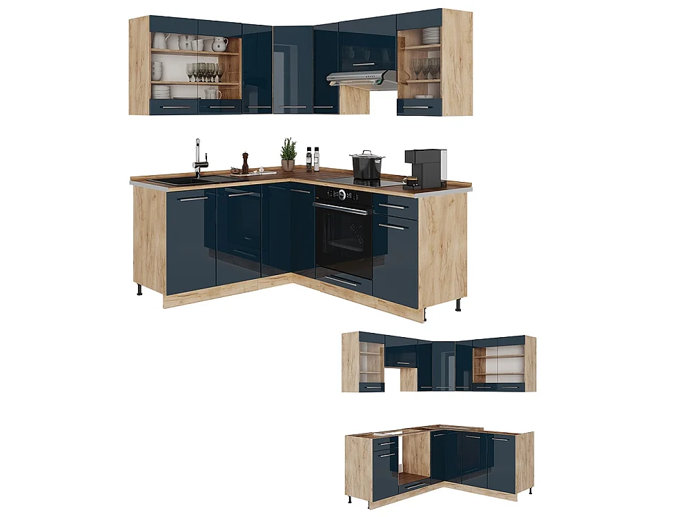 Köksskåp mörkblå högblank/goldkraft ek 190x60x81.6 fame-line