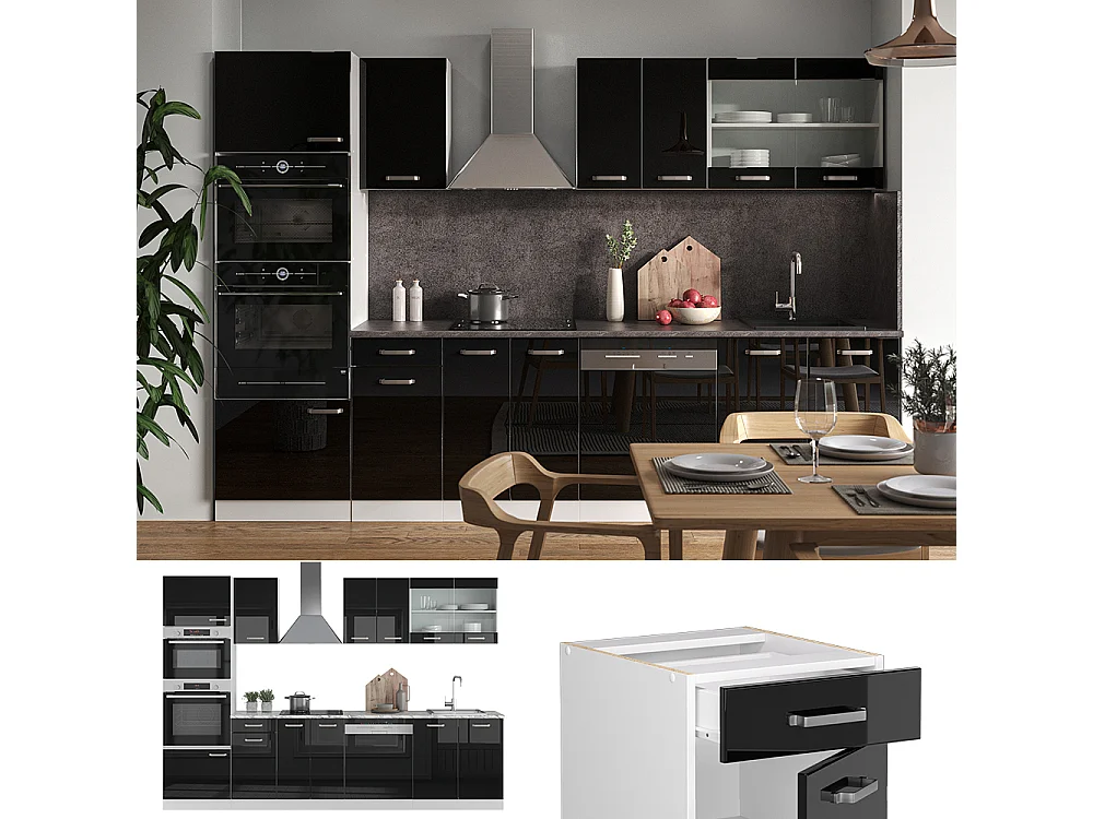 Mueble de cocina negro brillo/blanco 300x60x81.6 r-line