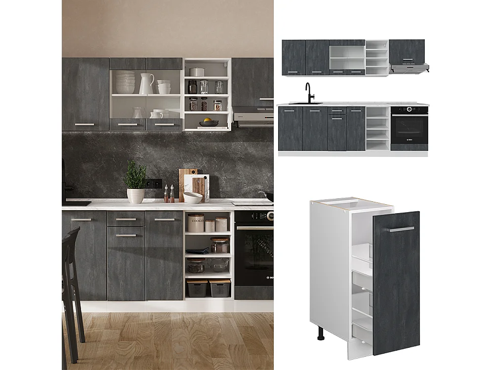 Cuisine noir béton/blanc 240x60x81.6 r-line