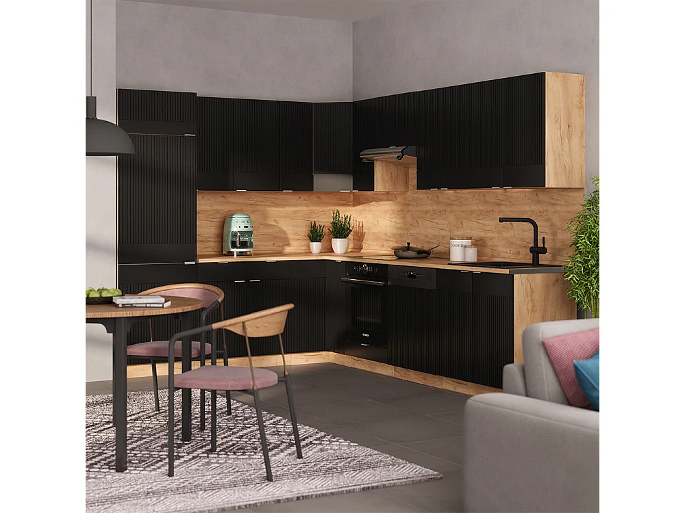 Eckküche schwarz gestreift/goldkraft eiche 287x46x81.6 fame-line