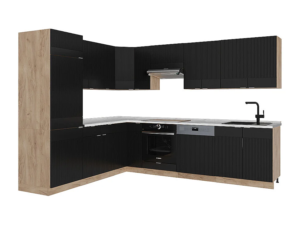 Eckküche schwarz gestreift/goldkraft eiche 287x46x81.6 fame-line