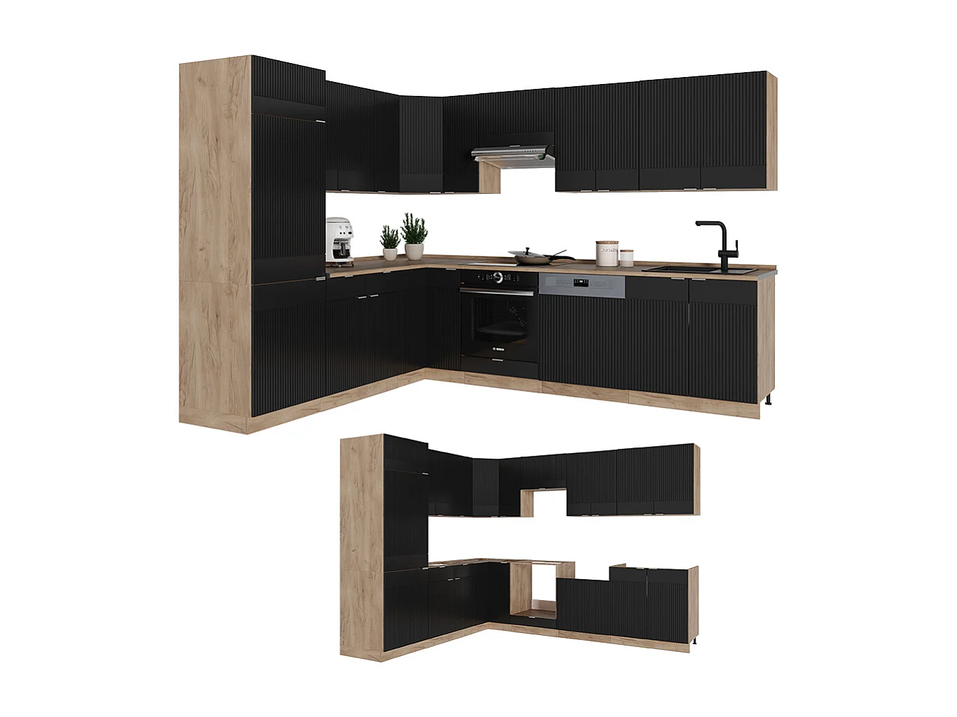 Eckküche schwarz gestreift/goldkraft eiche 287x46x81.6 fame-line