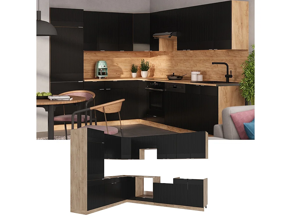 Cocina esquinera rayas negras/roble dorado 287x46x81.6 fame-line