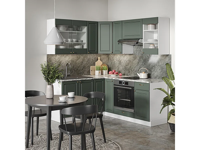 Cocina esquinera verde-dorado casa de campo/blanco 190x46x81.6 fame-line