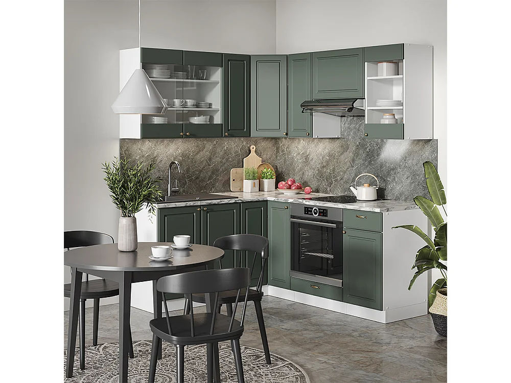 Cuisine en angle vert-or landhaus/blanc 190x46x81.6 fame-line