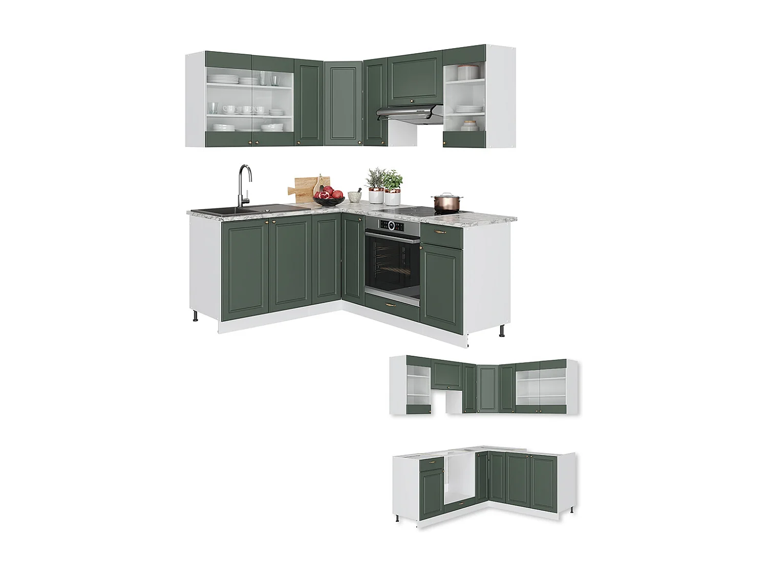 Cuisine en angle vert-or landhaus/blanc 190x46x81.6 fame-line