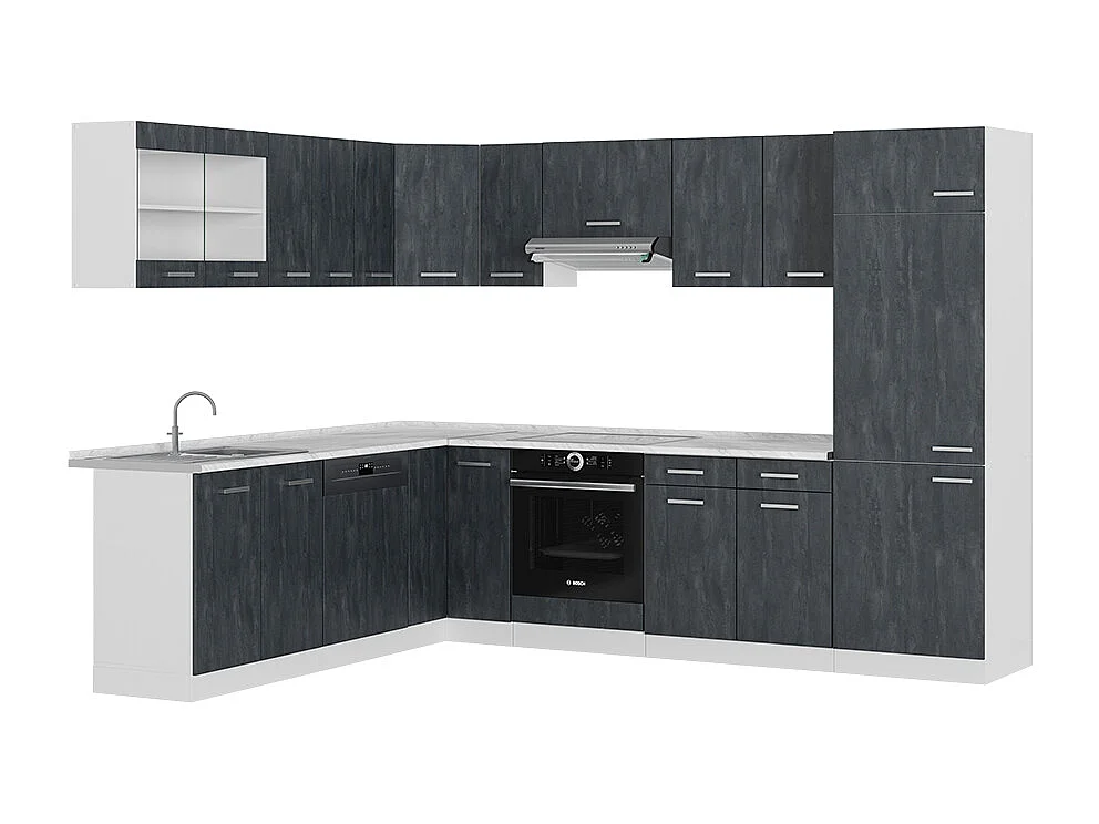 Cucina angolare completa nero cemento/bianco 287x46x81.6 r-line