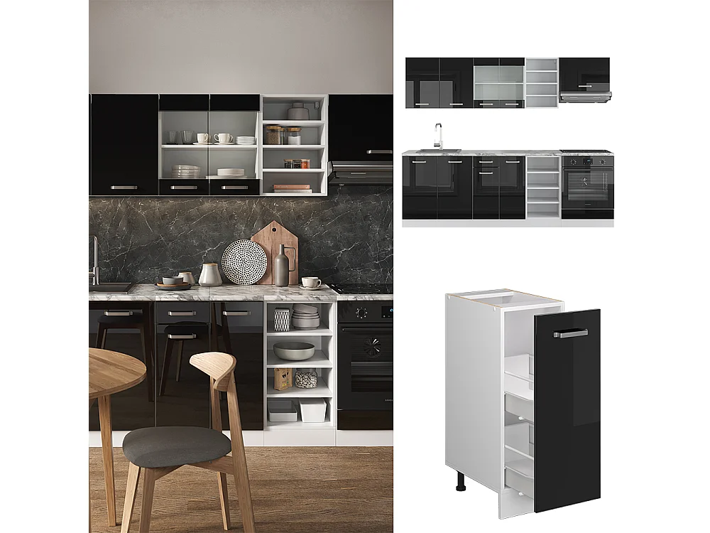 Cucina componibile nero lucido/bianco 240x46x81.6 r-line