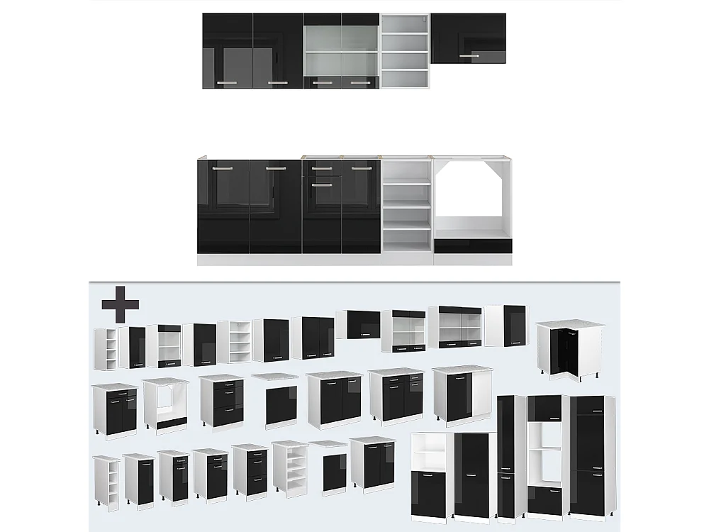 Cucina componibile nero lucido/bianco 240x46x81.6 r-line