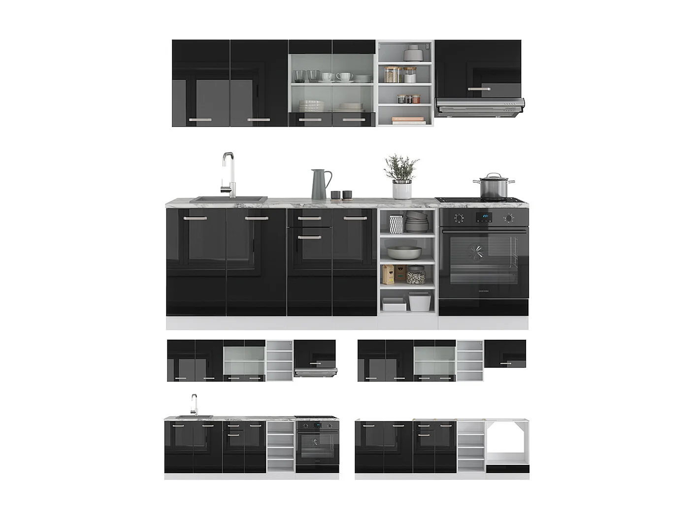 Cucina componibile nero lucido/bianco 240x46x81.6 r-line