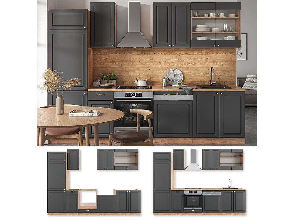 Mueble de cocina antracita casa de campo/roble kraft dorado 300x46x81.6 fame-line