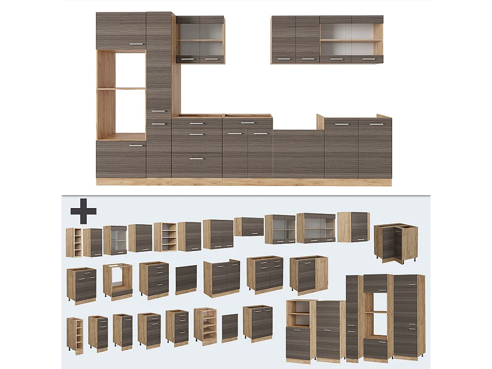 Cucina componibile grigio nobile/rovere dorato 350x46x81.6 r-line