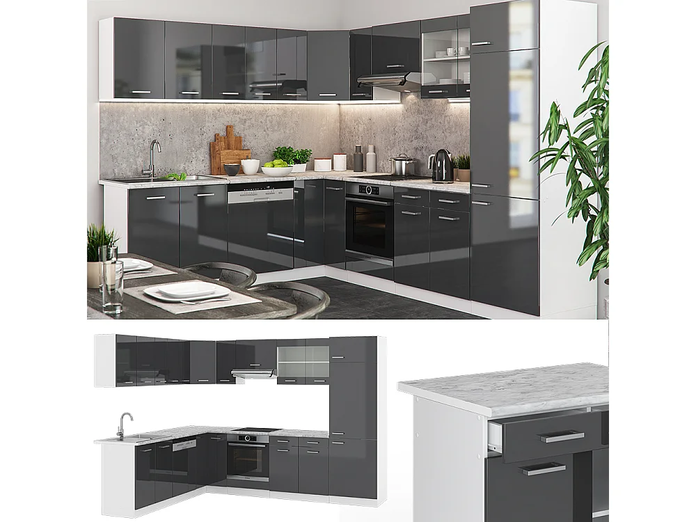 Cucina angolare completa antracite lucido/bianco 287x46x81.6 r-line