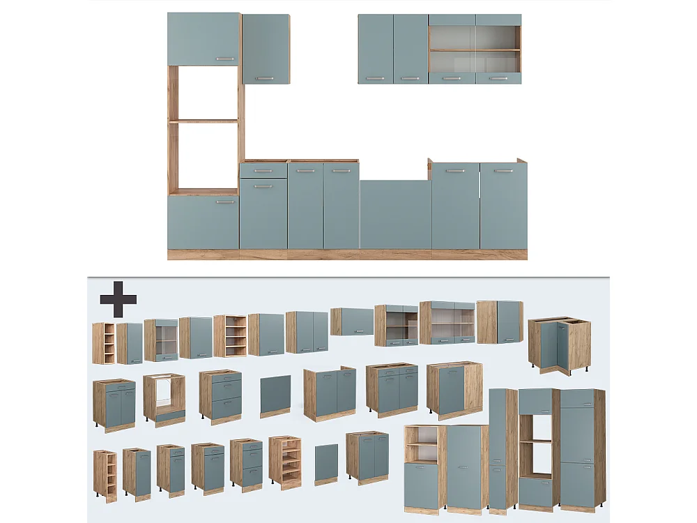 Mueble de cocina roble azul-gris-dorado 300x46x81.6 r-line