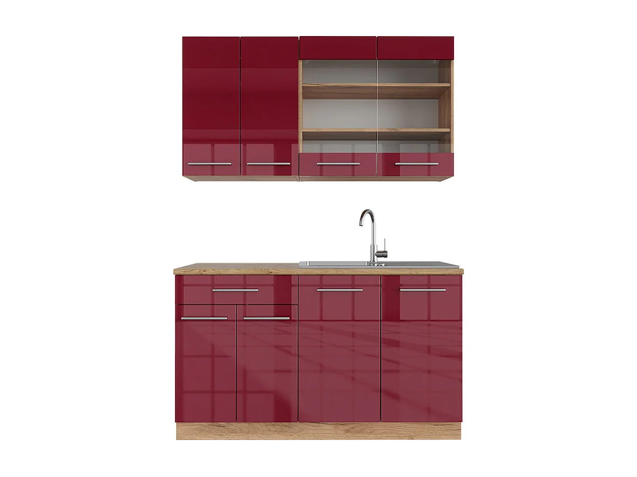 Cocina para solteros burdeos brillo intenso/roble dorado 140x60x81.6 fame-line