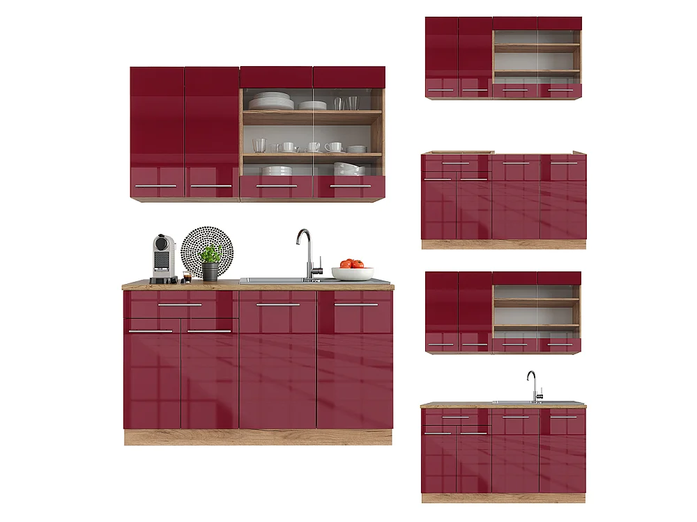 Singlekøkken bordeaux højglans/gylden eg 140x60x81.6 fame-line