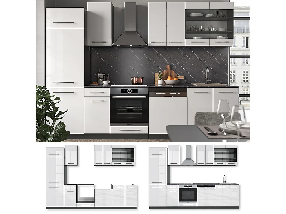 Mueble de cocina blanco brillo/antracita 300x60x81.6 fame-line