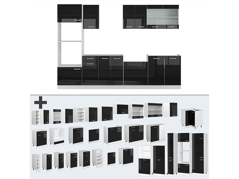 Cucina componibile nero lucido/bianco 300x46x81.6 r-line