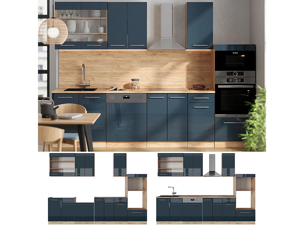 Armarios de cocina azul oscuro alto brillo/roble dorado 300x46x81.6 fame-line