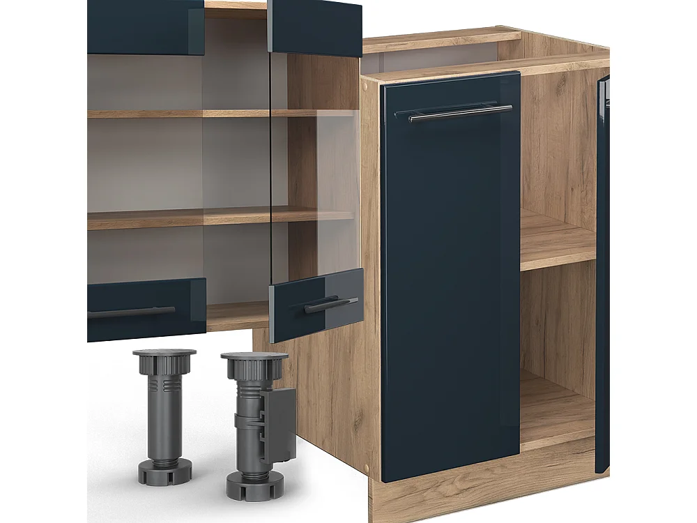 Armarios de cocina azul oscuro alto brillo/roble dorado 300x46x81.6 fame-line