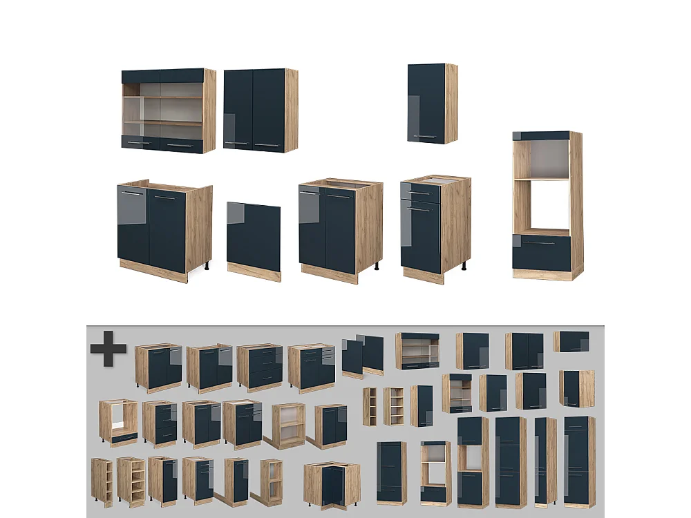 Armarios de cocina azul oscuro alto brillo/roble dorado 300x46x81.6 fame-line