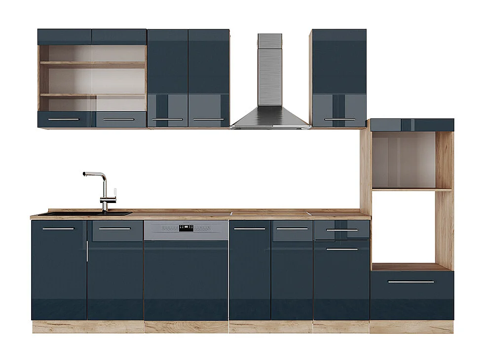 Armoires de cuisine bleu foncé brillant/chêne doré 300x46x81.6 fame-line