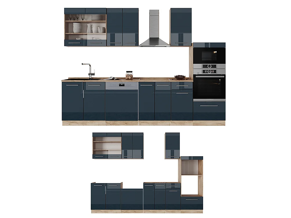Köksskåp  mörkblå högblank/goldkraft ek 300x46x81.6 fame-line