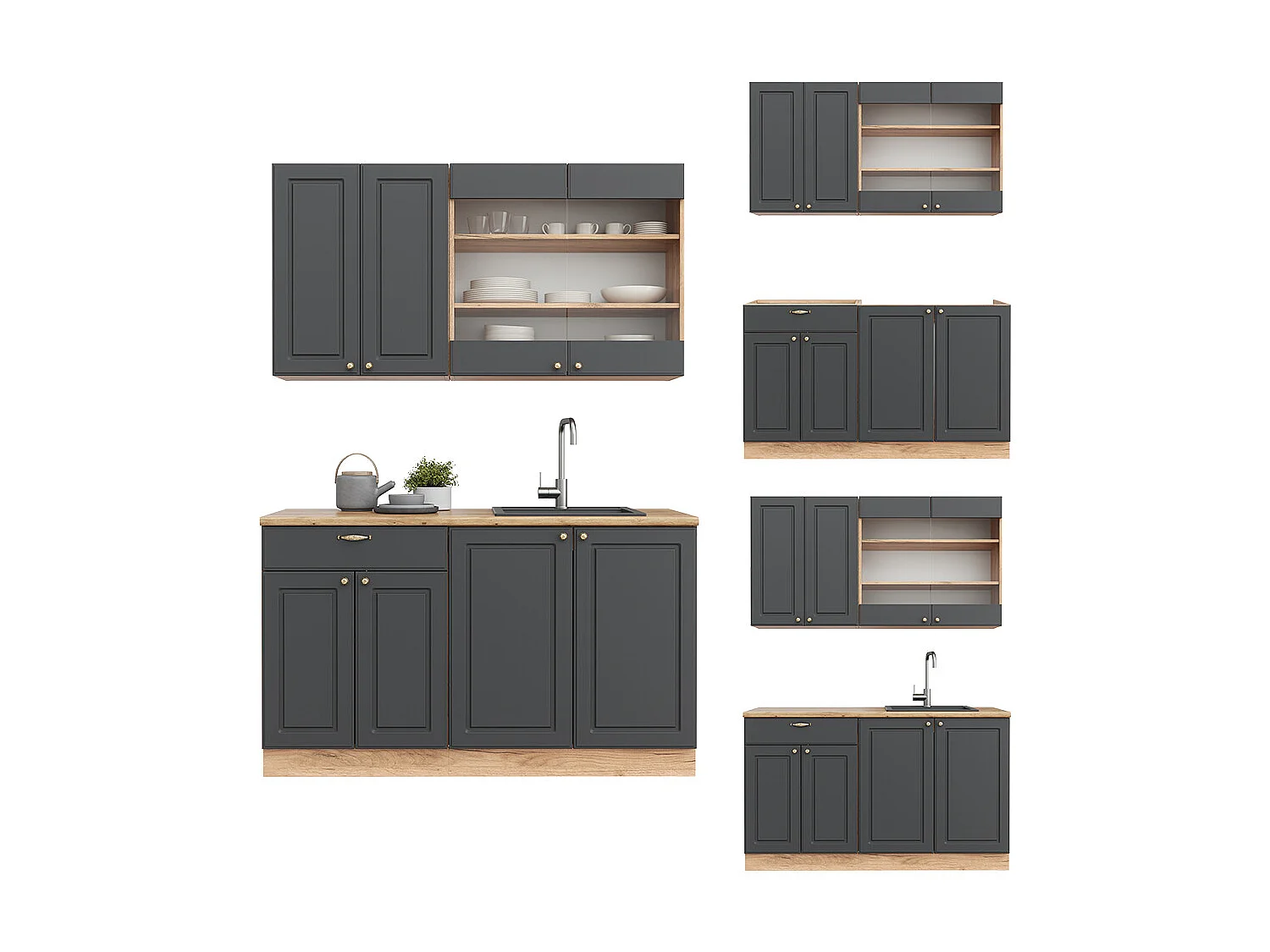 Cocina para solteros antracita casa de campo/roble kraft dorado 140x46x81.6 fame-line